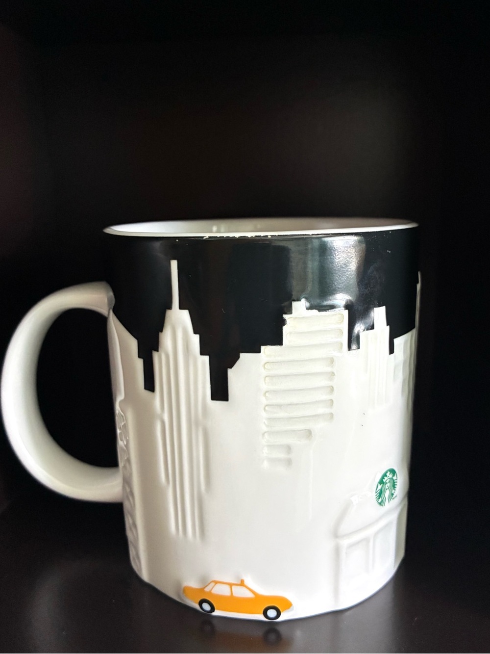 Starbucks Black and White Skyline Ceramic Mug with Yellow Taxi Accent